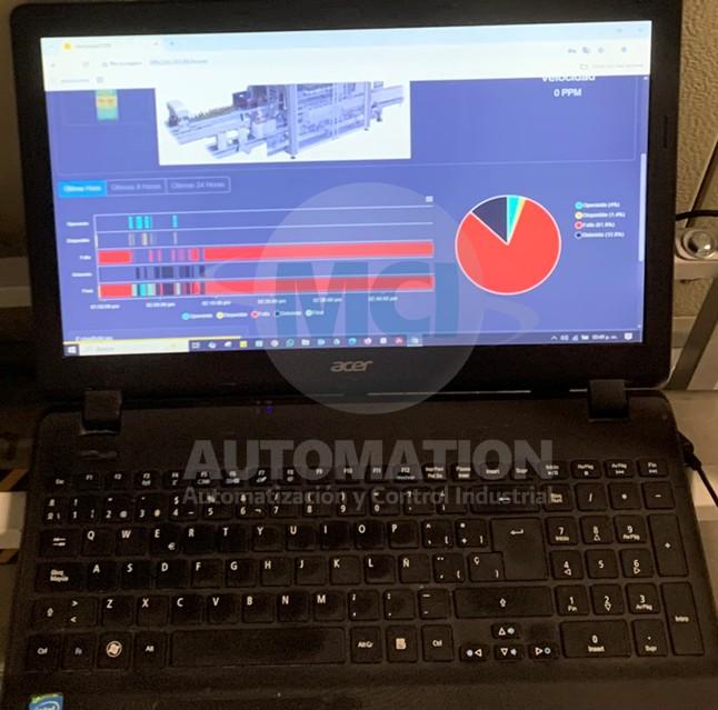 Pantalla de monitoreo en tiempo real mostrando alertas de producción y análisis OEE en una planta industrial.