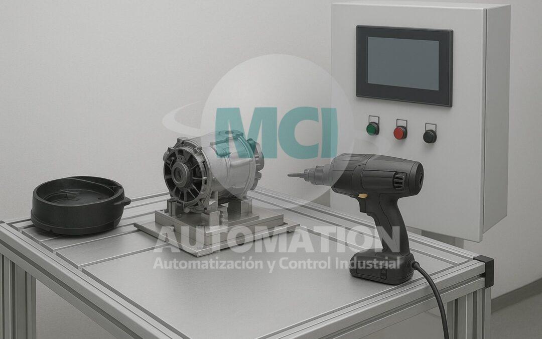 Mesa de trabajo industrial fabricada con perfil estructural de aluminio con accesorios para producción en planta de Nuevo León.