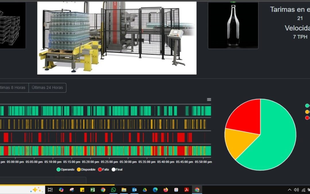 Software industrial monitoreando máquinas y mostrando estados en tiempo real.