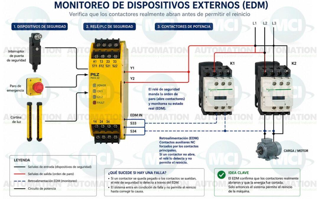 Explicación clara del EDM (monitoreo de dispositivos externos) en maquinaria industrial. Aprende cómo funciona, por qué es importante y cómo evitar fallas en contactores.