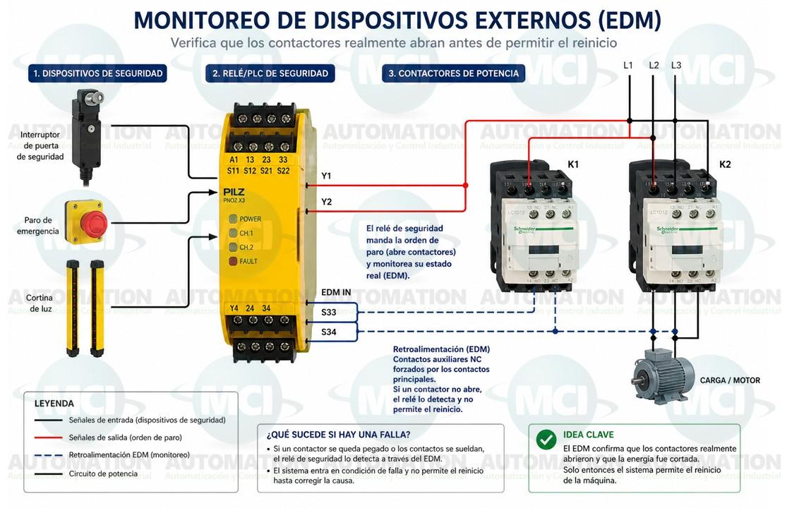 Explicación clara del EDM (monitoreo de dispositivos externos) en maquinaria industrial. Aprende cómo funciona, por qué es importante y cómo evitar fallas en contactores.