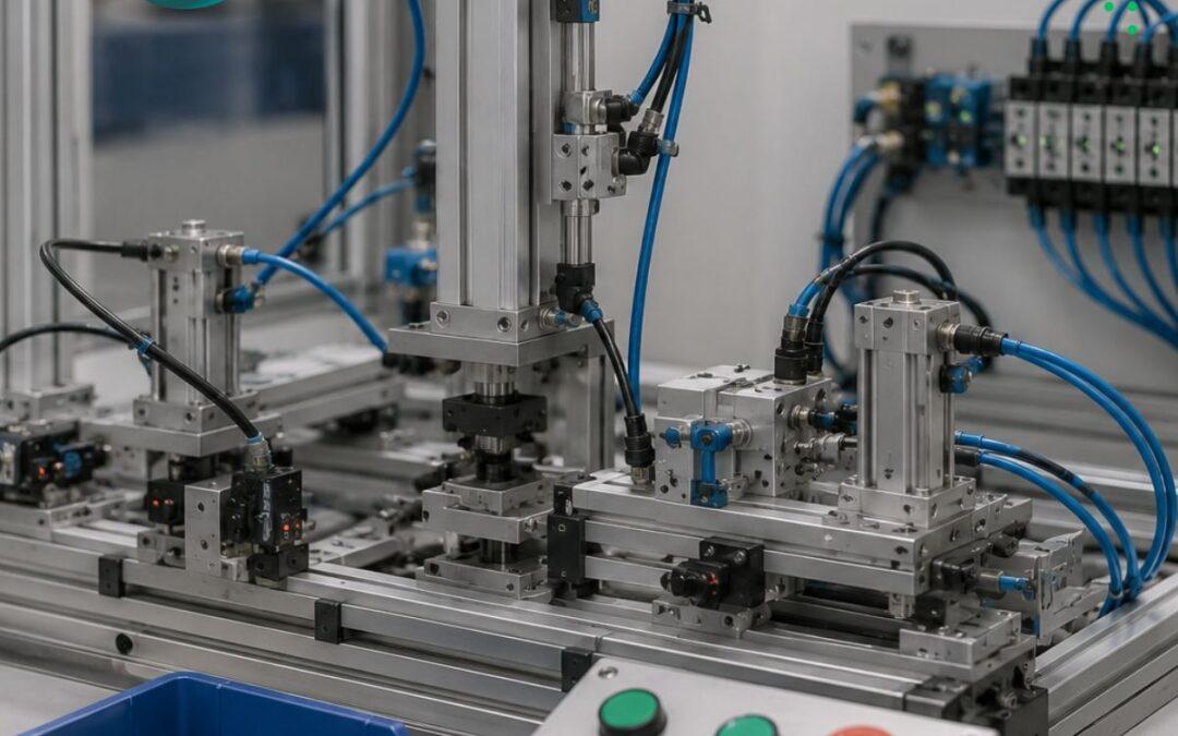 Estación conceptual semiautomática con neumática, sensores y control PLC para automatización industrial