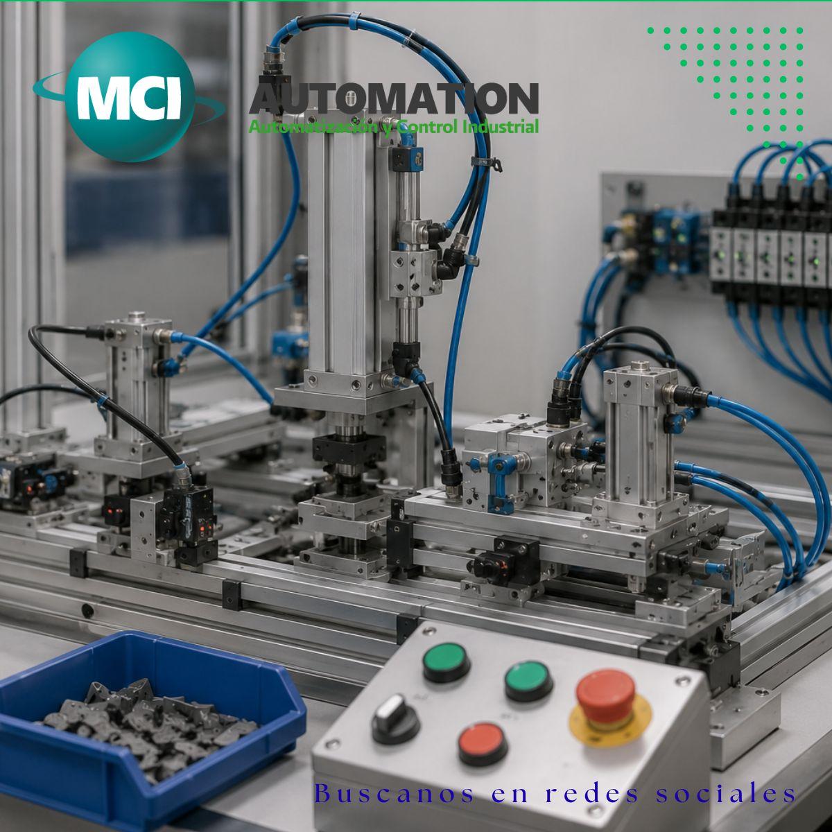 Estación conceptual semiautomática con neumática, sensores y control PLC para automatización industrial