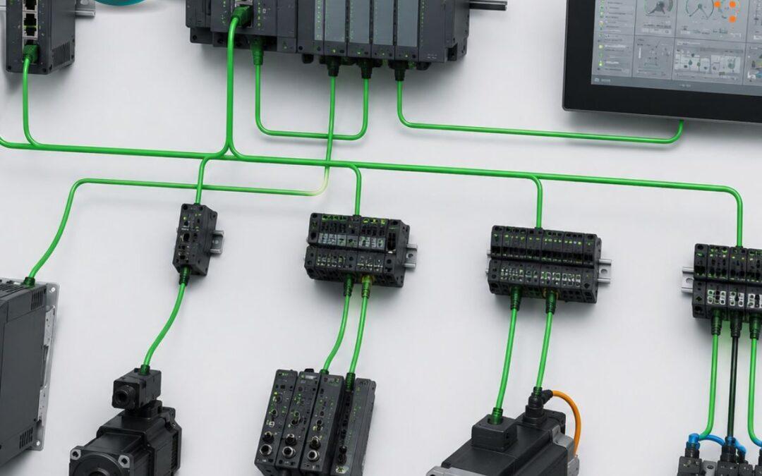 Arquitectura conceptual de comunicación industrial entre PLC, HMI, servos y dispositivos automatizados