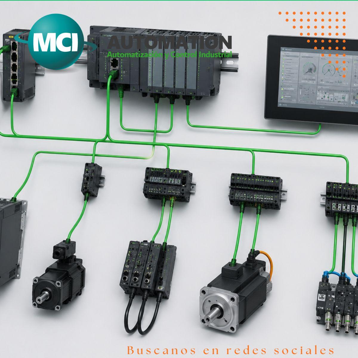 Arquitectura conceptual de comunicación industrial entre PLC, HMI, servos y dispositivos automatizados