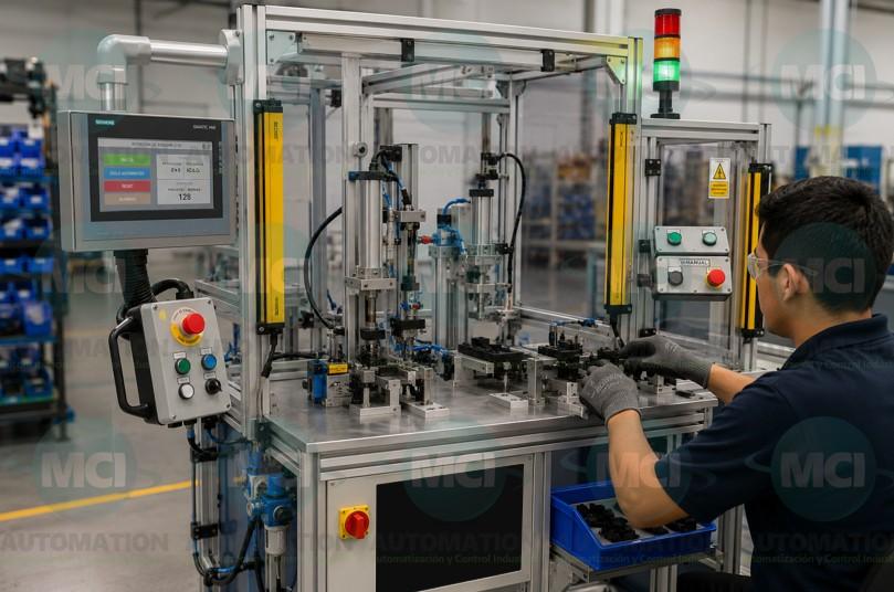Estación automatizada industrial con PLC Siemens, neumática y sistemas de seguridad para procesos de manufactura y ensamble.