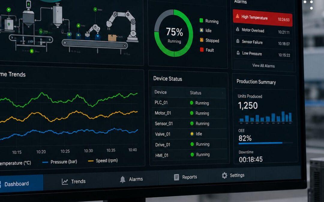 Dashboard conceptual de software industrial para monitoreo y adquisición de datos conectado a PLCs