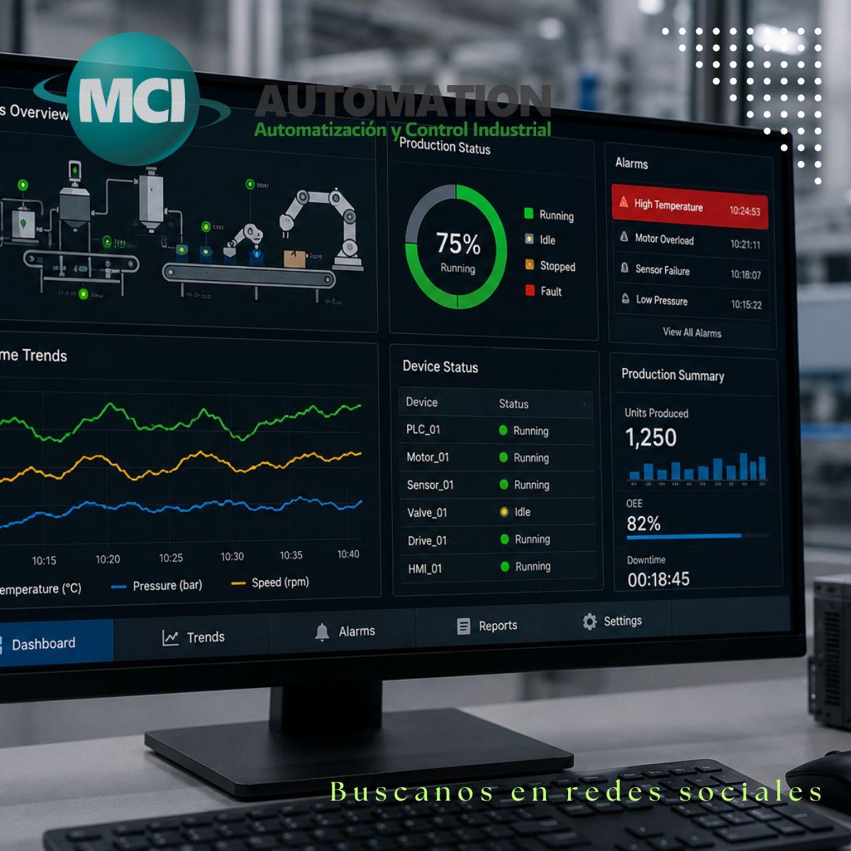 Dashboard conceptual de software industrial para monitoreo y adquisición de datos conectado a PLCs