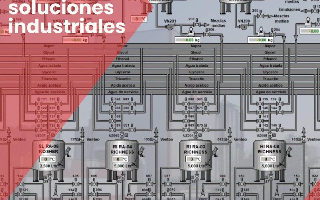 Monitoreo industrial mediante integración de PLC, sensores, medidores y plataformas de supervisión para visualización y análisis de datos operativos.