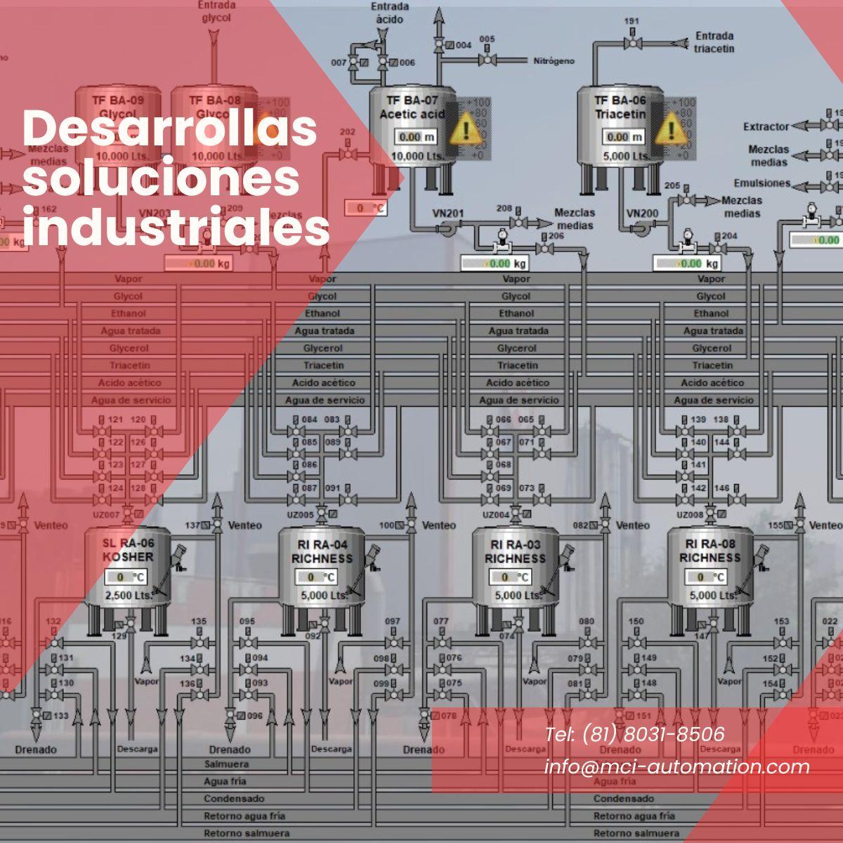 Monitoreo industrial mediante integración de PLC, sensores, medidores y plataformas de supervisión para visualización y análisis de datos operativos.