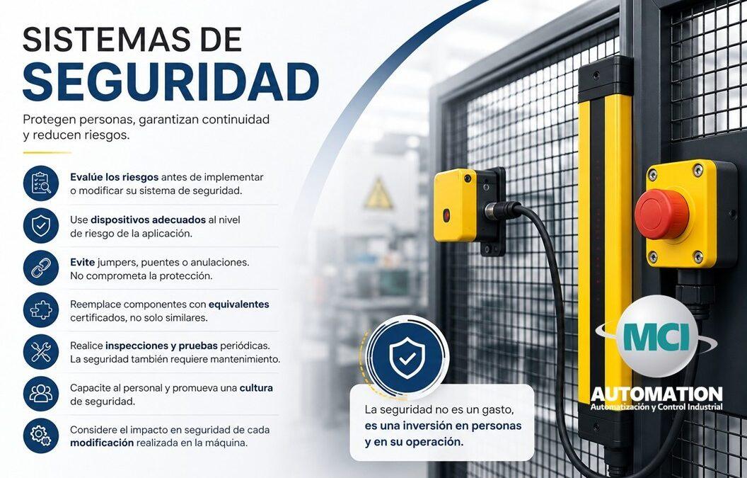 Sistema de seguridad en una máquina industrial con cortina de seguridad, botón de paro de emergencia e interruptores de seguridad para protección del operador.