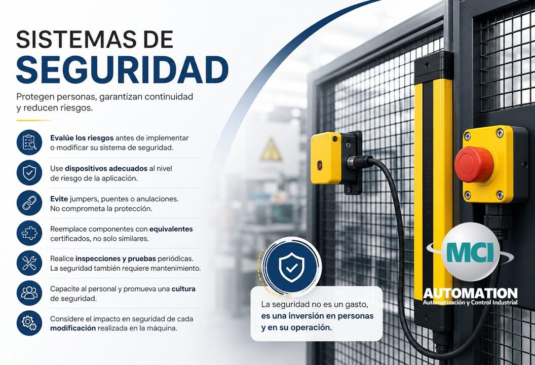 Sistema de seguridad en una máquina industrial con cortina de seguridad, botón de paro de emergencia e interruptores de seguridad para protección del operador.